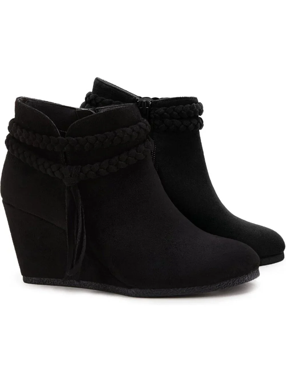 Stylish Women's Wedge Ankle Boots with Braided Fringe & Western Heels - Fall